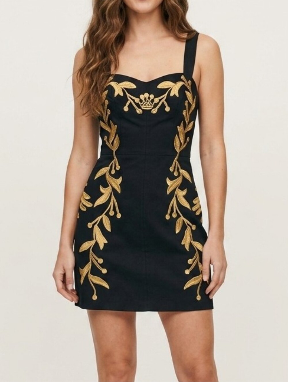 Free People Sweetheart Neckline Black Gold Leaf Embroidered Mini Dress Size 4